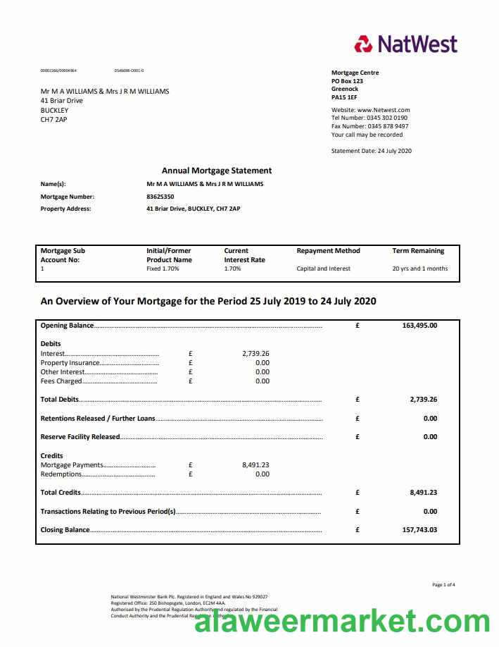 United Kingdom NatWest bank proof of address statement in Word and PDF format (.doc and .pdf)